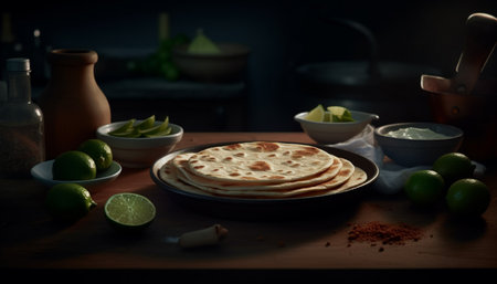 A rustic guacamole meal on wooden table generated by artificial intelligenceの素材