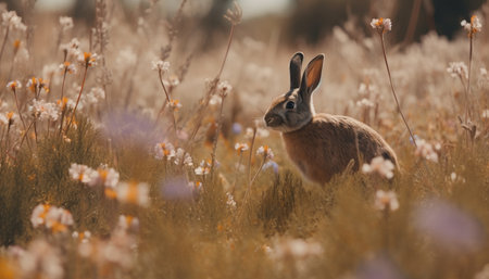 Fluffy hare sits in green meadow, tranquil generated by artificial intelligenceの素材