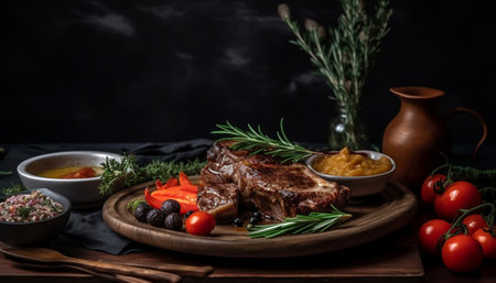 Grilled beef fillet on rustic wooden table generated by artificial intelligenceの素材