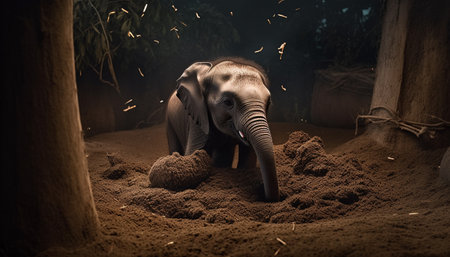 Large mammal with trunk in dark forest generated by artificial intelligenceの素材