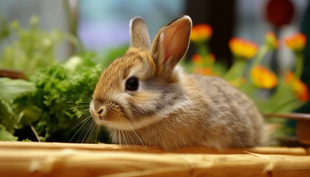 Fluffy baby rabbit sitting in green meadow generated by artificial intelligenceの素材