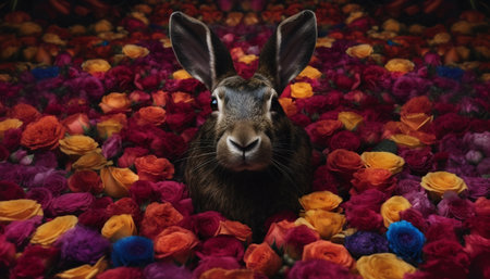 Fluffy baby rabbit sniffs tulip flower head generated by artificial intelligenceの素材