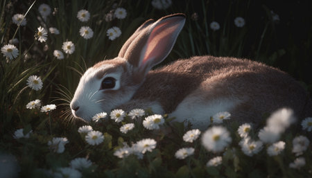 Fluffy baby rabbit sits among daisies, cute generated by artificial intelligenceの素材