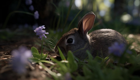 Fluffy baby rabbit sitting in green meadow generated by artificial intelligenceの素材