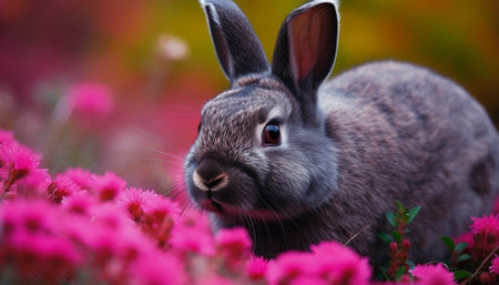 Fluffy baby rabbit sitting in green meadow generated by artificial intelligenceの素材