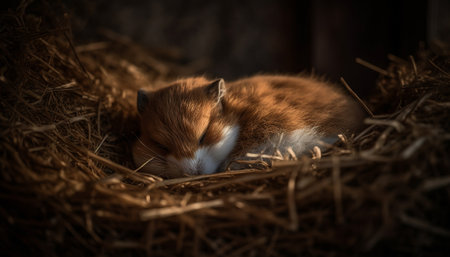 Fluffy kitten sleeping in hay, peaceful fragility generated by artificial intelligenceの素材