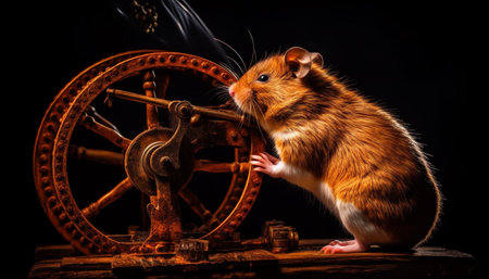 Cute furry rat sitting on metal wheel generated by artificial intelligenceの素材