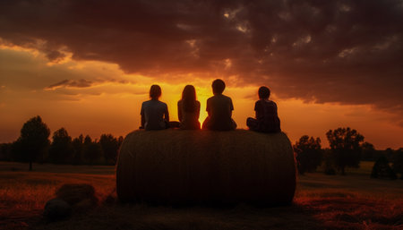 Family sitting on hay, enjoying nature beauty generated by artificial intelligenceの素材