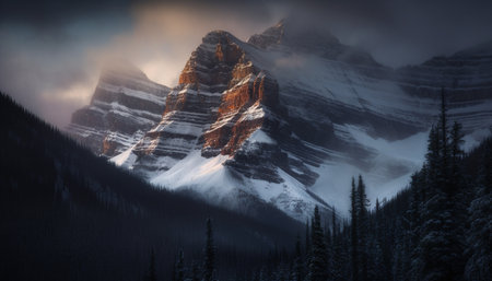 Majestic mountain peak, tranquil winter landscape adventure generated by artificial intelligenceの素材