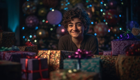 Cute Caucasian boy smiling with Christmas gift box generated by artificial intelligenceの素材