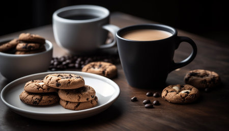 Stack of homemade chocolate chip cookies on table generated by artificial intelligenceの素材