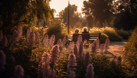 Autumn love: couple sitting on bench embracing nature generated by artificial intelligenceの素材