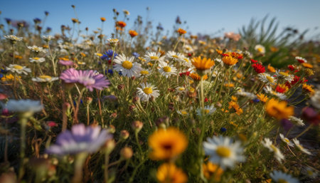 Vibrant chamomile blossom in sunlit meadow generated by artificial intelligenceの素材
