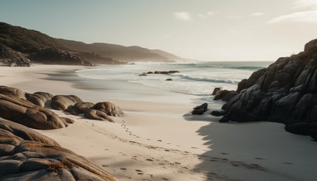 Tranquil coastline, waves crash on rocky shore generated by artificial intelligenceの素材