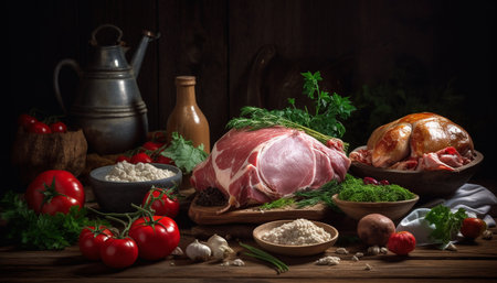 Grilled organic pork fillet on rustic wooden table generated by artificial intelligenceの素材