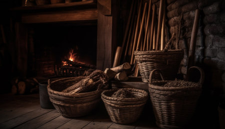 Woven wicker basket holds firewood for warmth generated by artificial intelligenceの素材