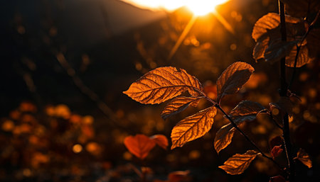 Vibrant autumn colors illuminate forest in sunlight generated by artificial intelligenceの素材