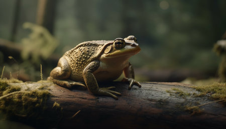 Spotted toad sitting on wet forest branch generated by artificial intelligenceの素材