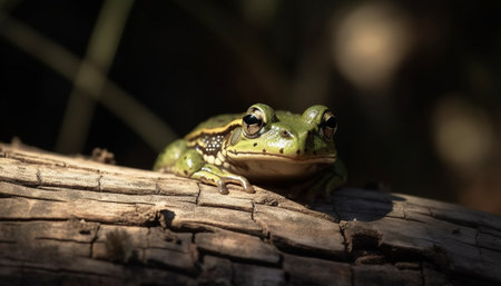 Slimy toad sitting on wet branch, focused generated by artificial intelligenceの素材