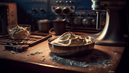 Preparing homemade sweet dessert in rustic kitchen generated by artificial intelligenceの素材
