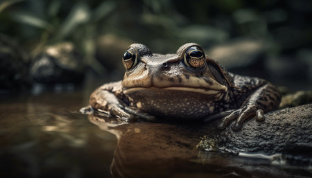 Green toad sitting in wet pond tranquility generated by artificial intelligenceの素材