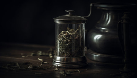 Rustic flower pot on wooden table shines gold generated by artificial intelligenceの素材