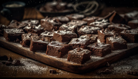 Indulgent homemade brownie stack on rustic table generated by artificial intelligenceの素材
