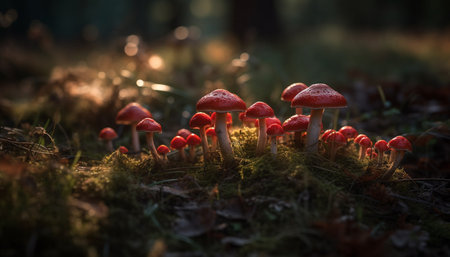 Autumn forest growth, toadstool cap spotted green generated by artificial intelligenceの素材