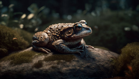 Spotted toad sitting in wet tropical forest generated by artificial intelligenceの素材