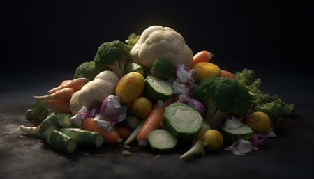 Fresh vegetables and fruits for a healthy meal generated by artificial intelligenceの素材
