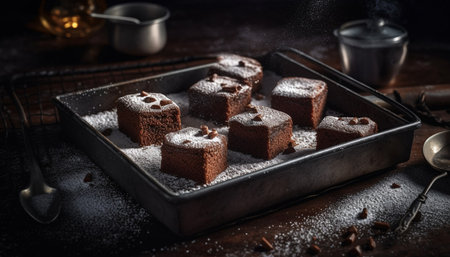 Freshly baked homemade chocolate brownies on table generated by artificial intelligenceの素材