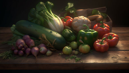 Fresh organic vegetables on rustic wooden table generated by artificial intelligenceの素材
