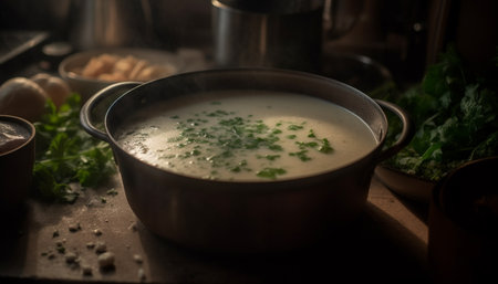 Healthy vegetarian soup, fresh herbs, rustic bowl generated by artificial intelligenceの素材