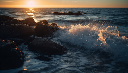 Sun reflection on water, waves crashing on rocks generated by artificial intelligenceの素材