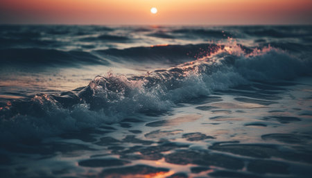 Tranquil sunrise over tropical seascape, reflecting beauty generated by artificial intelligenceの素材