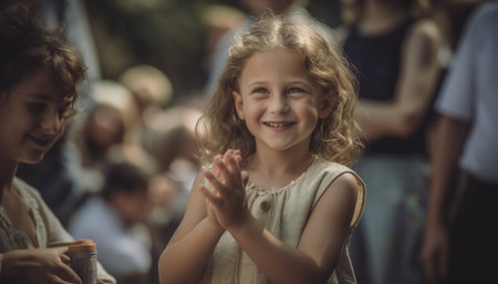 Cute Caucasian girls smiling, enjoying childhood fun together generated by artificial intelligenceの素材