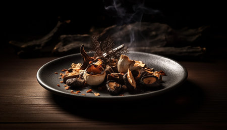 Grilled seafood plate on wood table, freshness generated by artificial intelligenceの素材