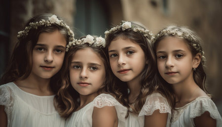 Cute girls smiling, looking at camera, enjoying togetherness generated by artificial intelligenceの素材