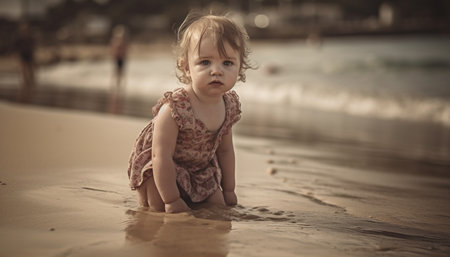 Smiling baby girl enjoys summer day at beach generated by artificial intelligenceの素材