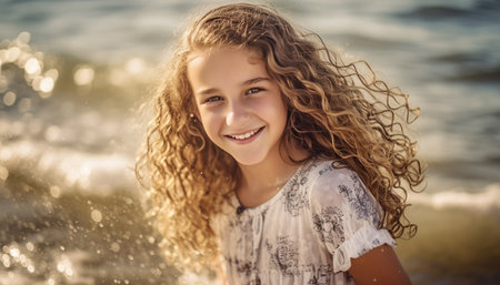 Cute girl enjoys summer fun in nature generated by artificial intelligenceの素材