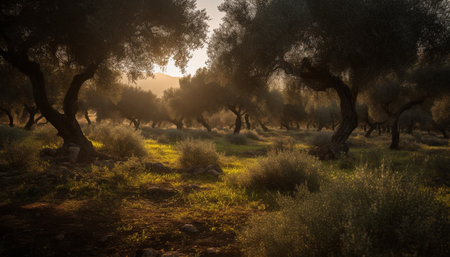 Sunrise illuminates tranquil forest meadow, nature beauty generated by artificial intelligenceの素材