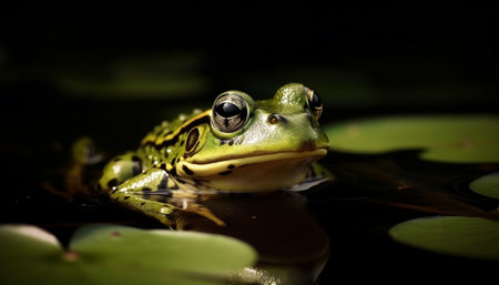 Green toad sitting in wet swamp pond generated by artificial intelligenceの素材