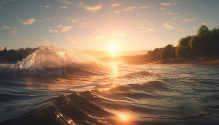 Sunrise reflection on wet wave, summer fun generated by artificial intelligenceの素材