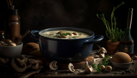 Fresh vegetarian soup in rustic crockery bowl generated by artificial intelligenceの素材