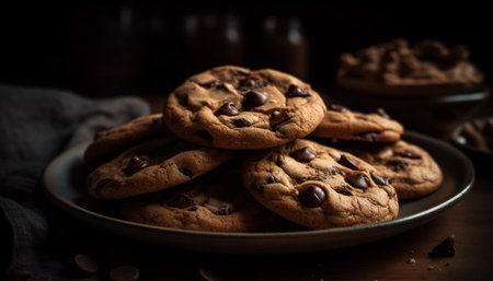 Homemade chocolate chip cookies stacked on table generated by artificial intelligenceの素材