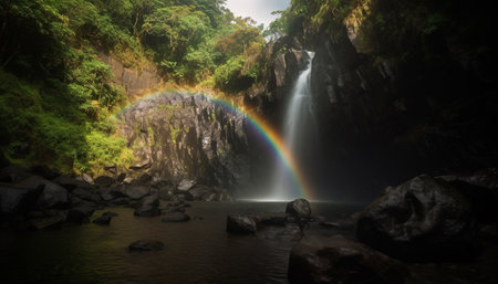 Tranquil scene of flowing water in forest generated by artificial intelligenceの素材