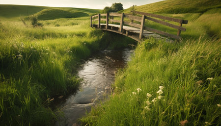 Tranquil scene of meadow and mountain range generated by artificial intelligenceの素材