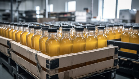 Fresh bottled drinks on production line indoors generated by artificial intelligenceの素材