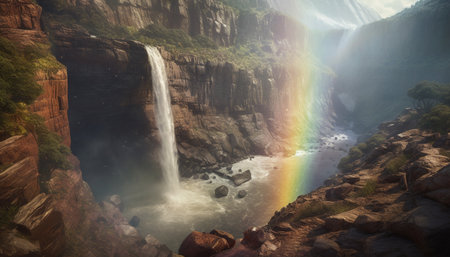 Majestic mountain peak, flowing water, natural beauty generated by artificial intelligenceの素材