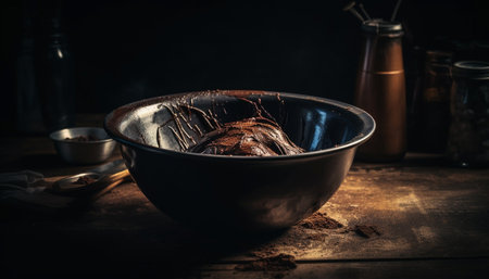 Rustic table, homemade meal, cooked meat, sweet dessert generated by artificial intelligenceの素材